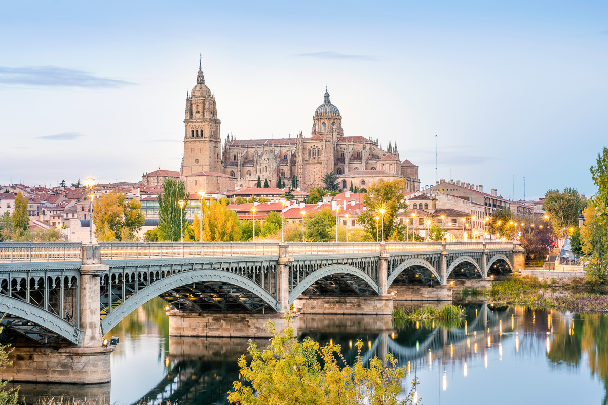 Cathedral of Salamanca and bridge over Tormes river