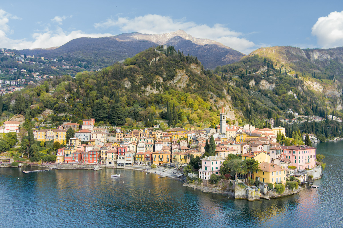 Beautiful aerial waterfront cityscape of Varenna