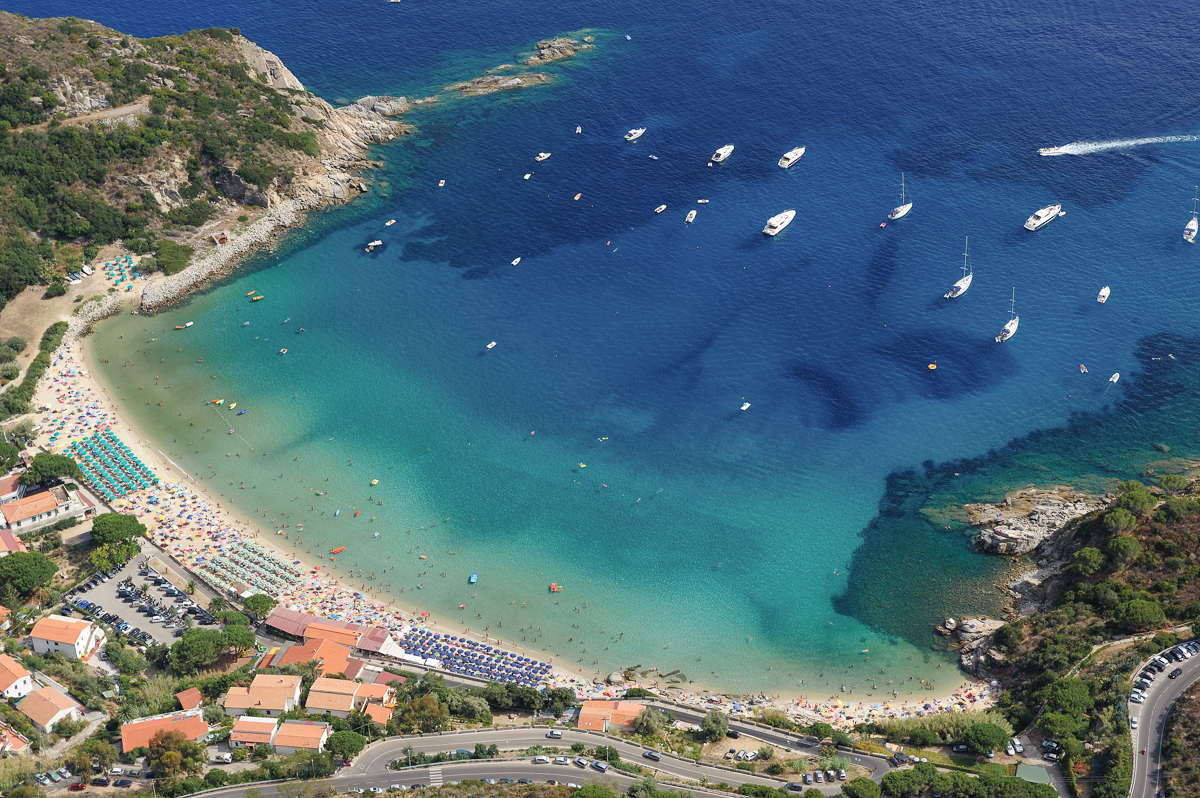 Panoramic aerial view of Campese bay. Giglio Island in Tuscany, Italy.