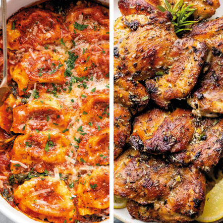 cropped collage of dinner ideas for tonight: spinach ravioli bake and lemon garlic greek marinated chicken recipes