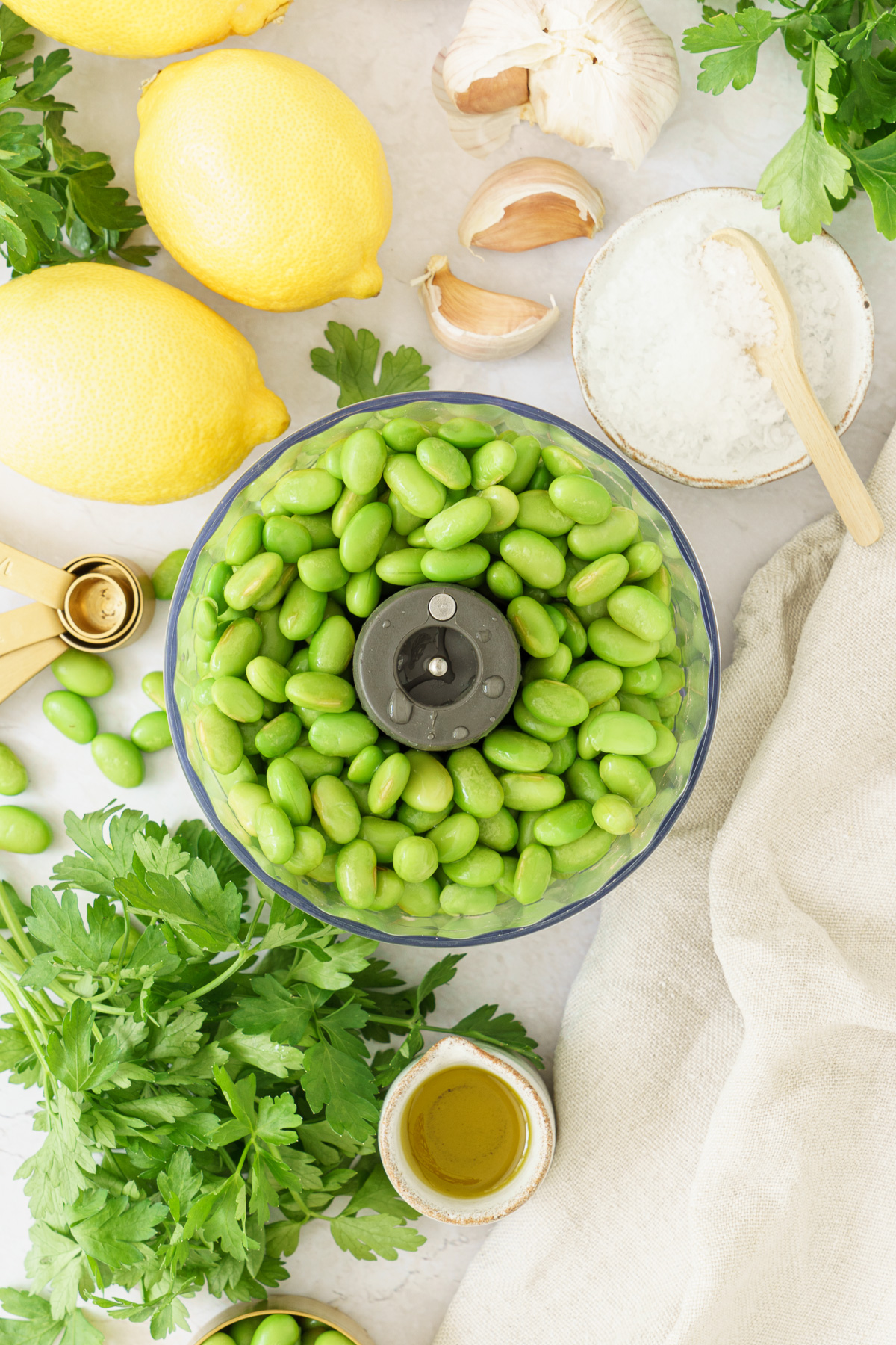 top view image of a edamame beans in a blender