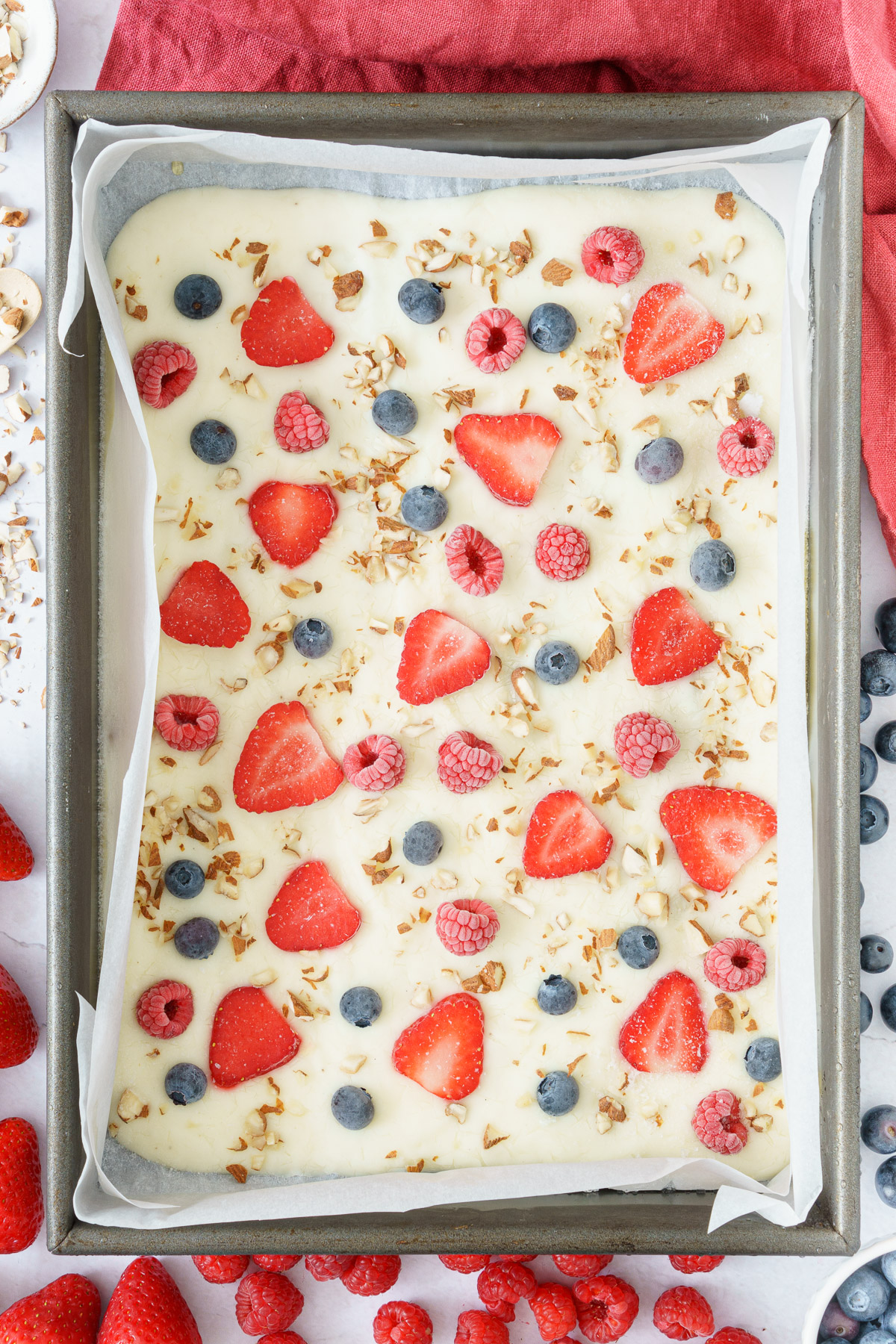 top view of frozen yogurt bark just removed from the freezer