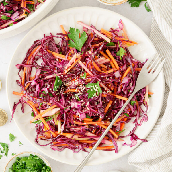 cropped image of a red cabbage salad in a plate with fork