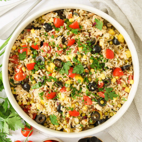 cropped image of bowl full of Italian rice salad