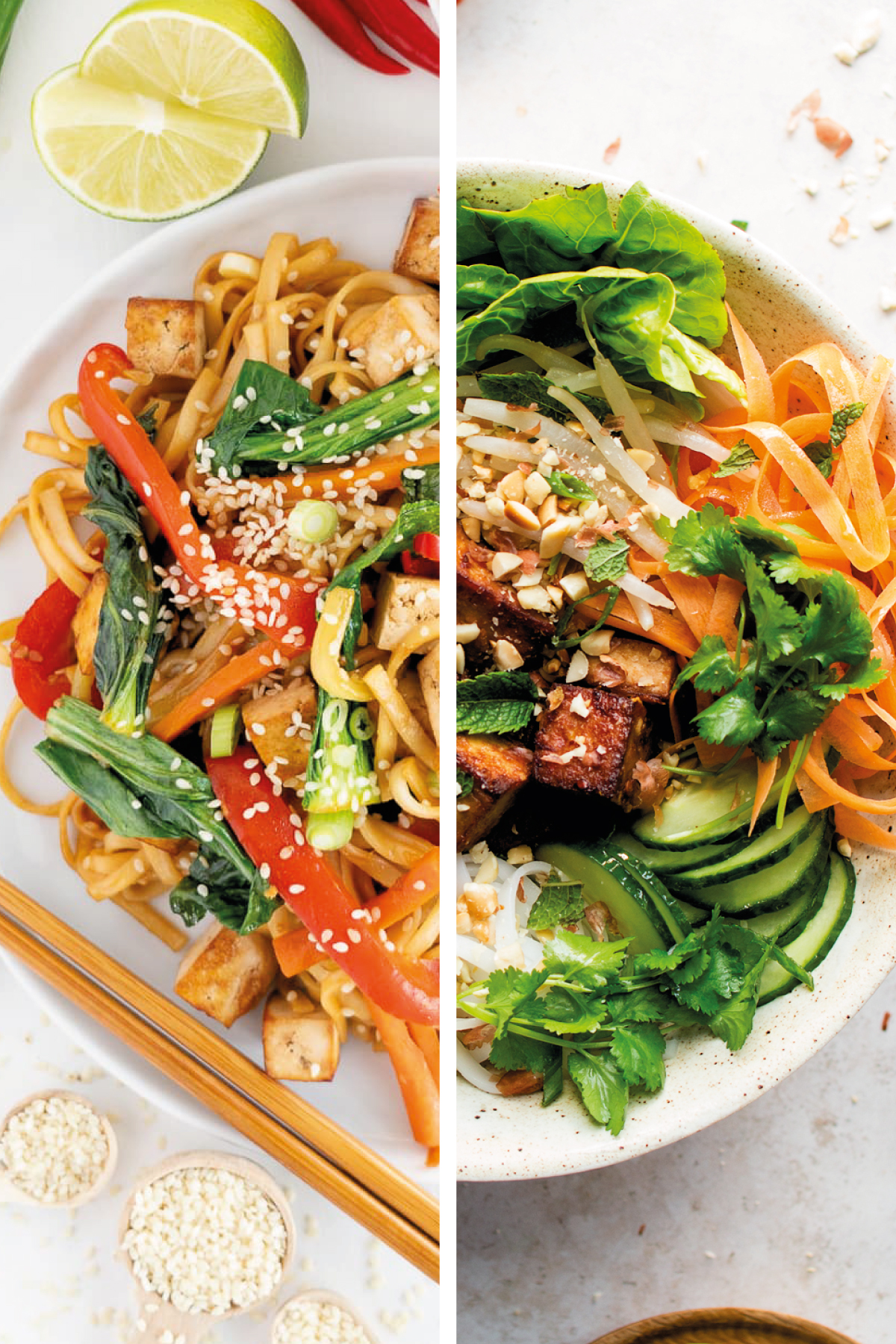 side by side image of vegan stir fry noodles and vegan bun noodles recipes