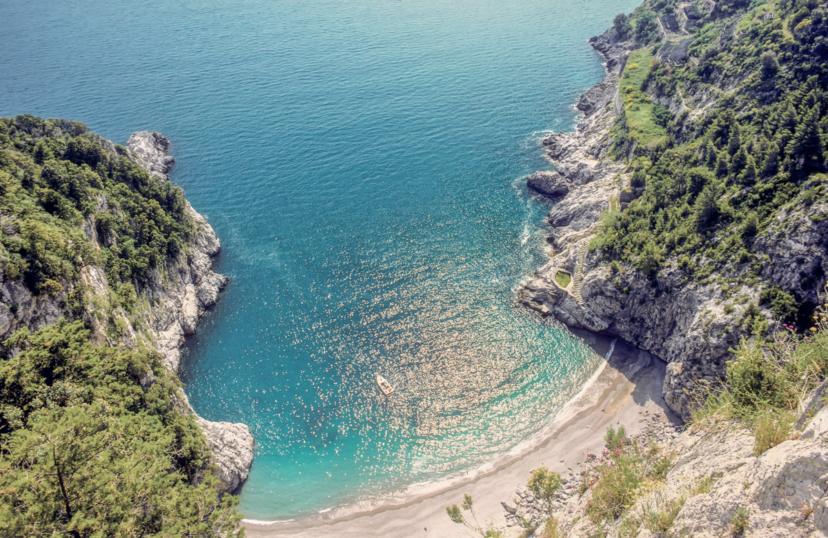 Aerial view of spiaggia del cavallo morto on the Amalfi coast
