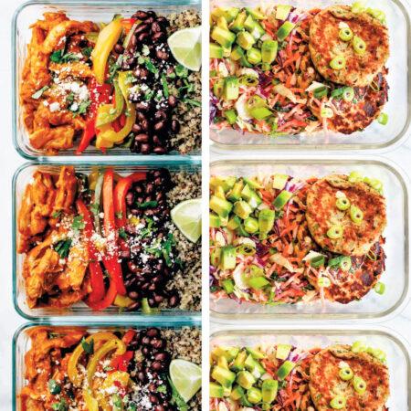 collage of high protein meal prep recipes: chicken tinga bowls and salmon patties with coleslaw recipes