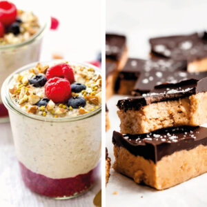 Collage of high protein snack recipes: Raw Buckwheat Quinoa Porridge and Peanut Butter Cup Protein Bars recipes