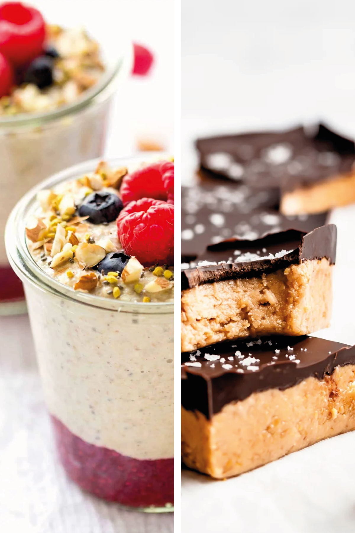 Collage image of Raw Buckwheat Quinoa Porridge and Peanut Butter Cup Protein Bars recipes
