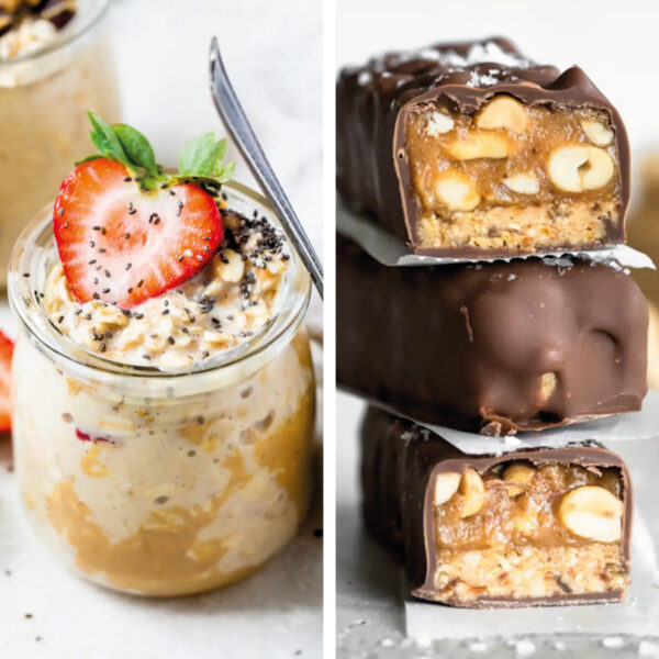 Collage image of high protein vegan snacks: peanut butter protein overnight oats and vegan snickers bars recipes