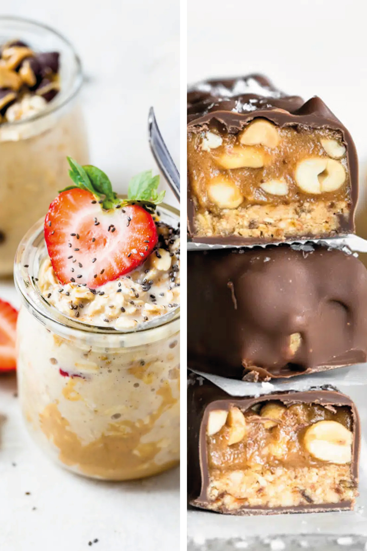 collage image of peanut butter protein overnight oats and vegan snickers bars recipes
