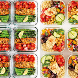 side by side image of garlic butter salmon with asparagus and mediterranean lunch box recipes