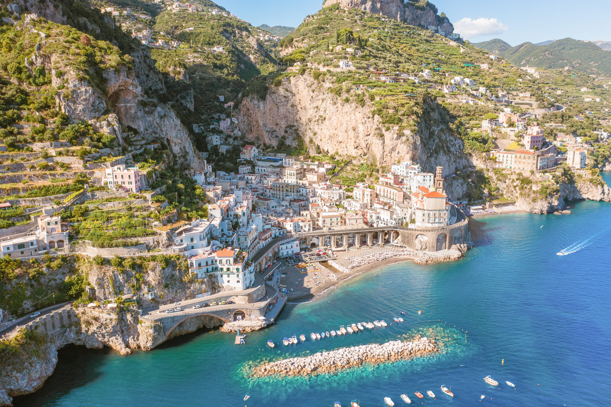 Aerial view of spiaggia di Atrani on the Amalfi Coast