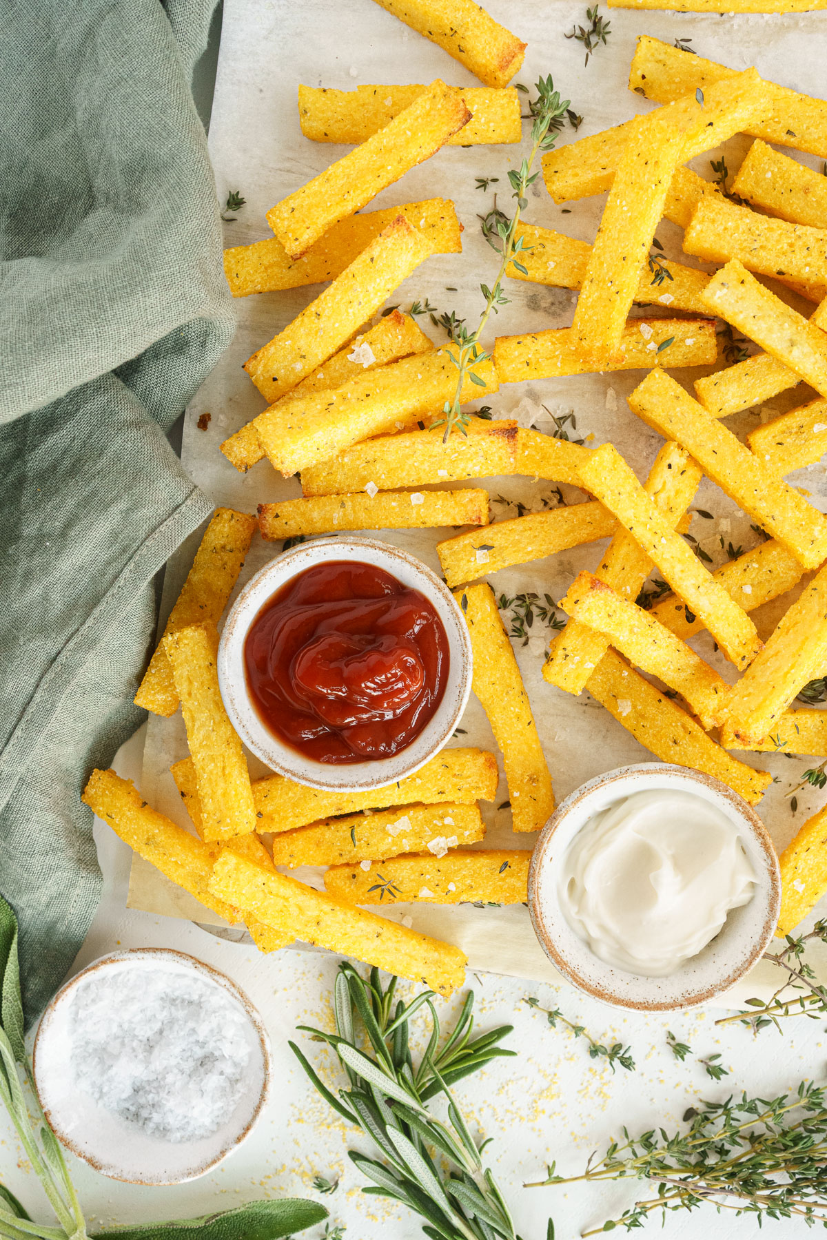 Polenta fries with herbs, salt and sauces