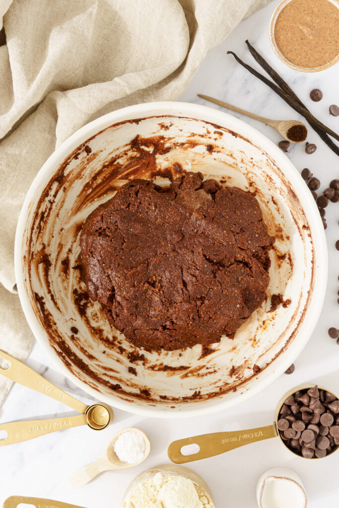 top-down view of a bowl containing cookie dough