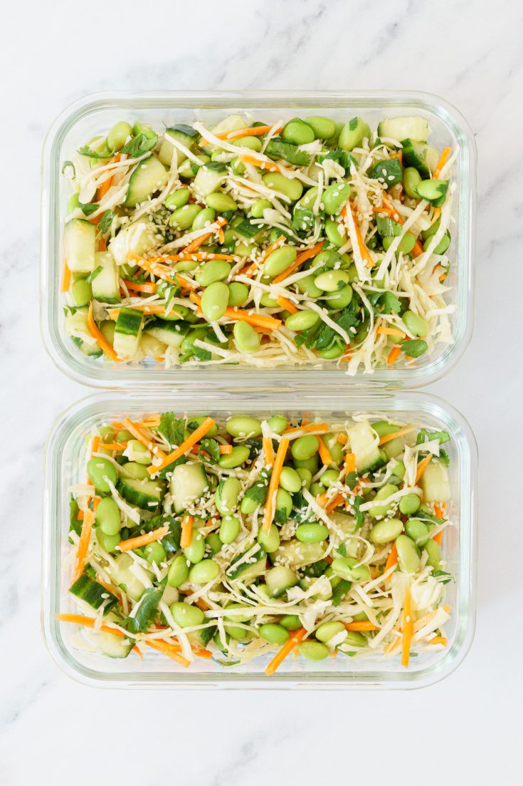 Edamame salad in meal prep containers.