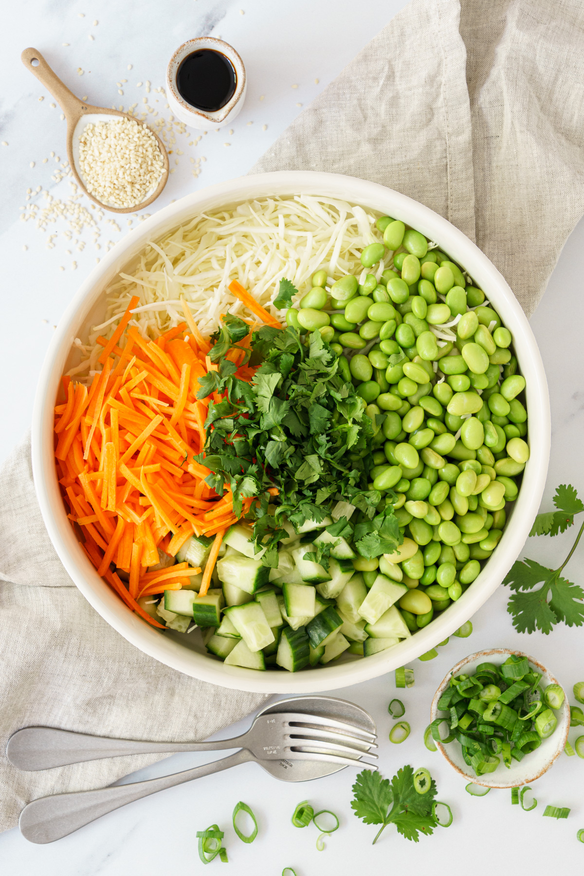 top down image of a bowl containing edamame beans, julienne carrots, shredded cabbage, diced cucumber, and chopped cilantro 