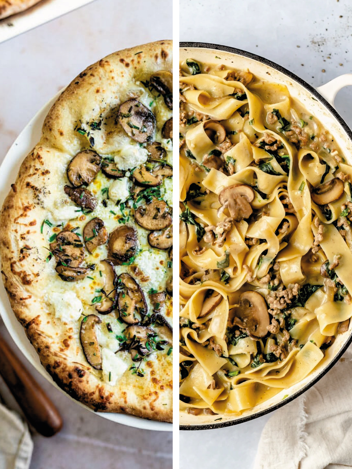 side by side image of mushroom pizza and spinach beef pasta recipe