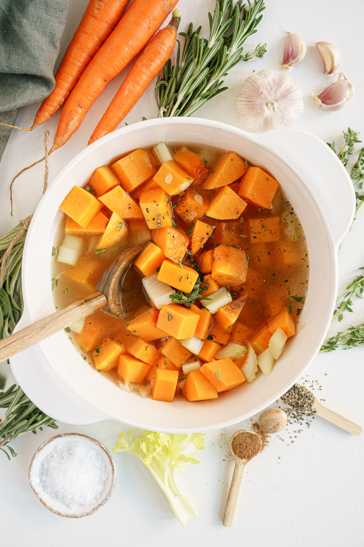 Vegetables simmering in a pot