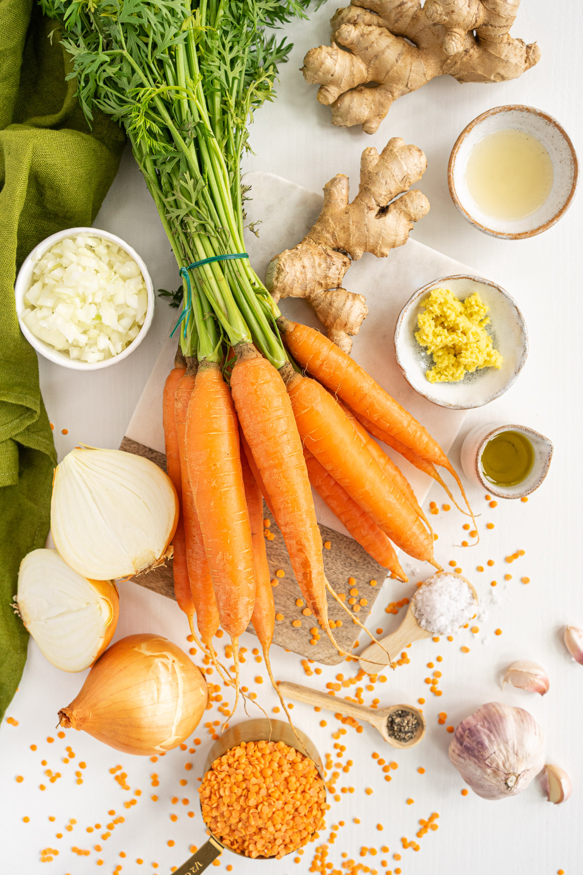 Ingredients to make vegan carrot ginger soup.