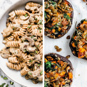 collage image of sweet potato stuffed mushrooms and lentil mushroom stroganoff recipe