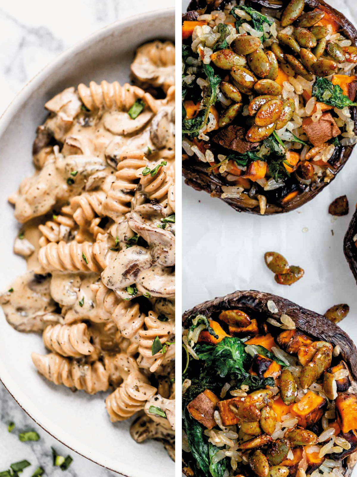collage image of sweet potato stuffed mushrooms and lentil mushroom stroganoff recipe