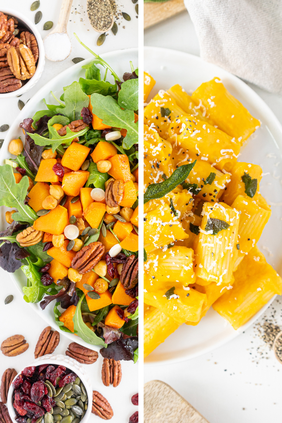 Side by side image of roasted butternut squash salad and butternut squash pasta with sage
