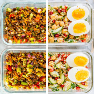 Collage lentil salad and chickpea quinoa salad recipes.