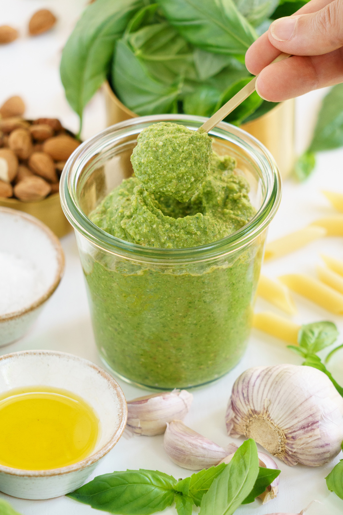Glass jar filled with zucchini pesto