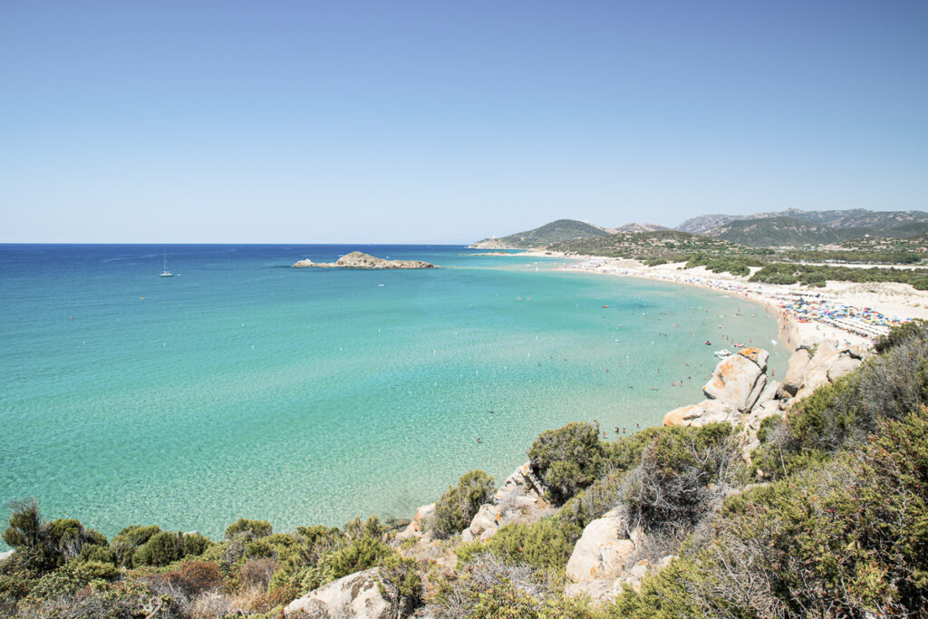 Panorama of the wonderful beach Su Giudeu in Chia, Sardinia, Italy.