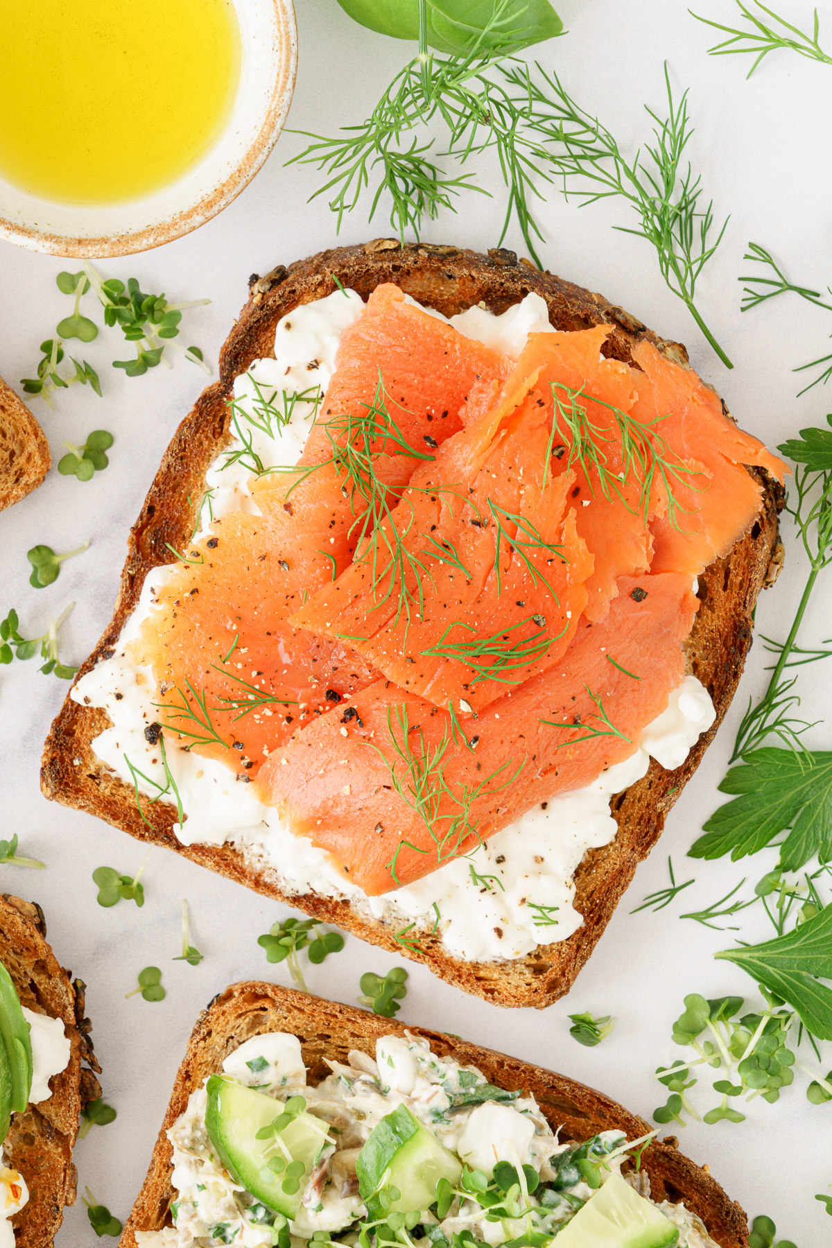 Smoked salmon and dill variation of cottage cheese toast.