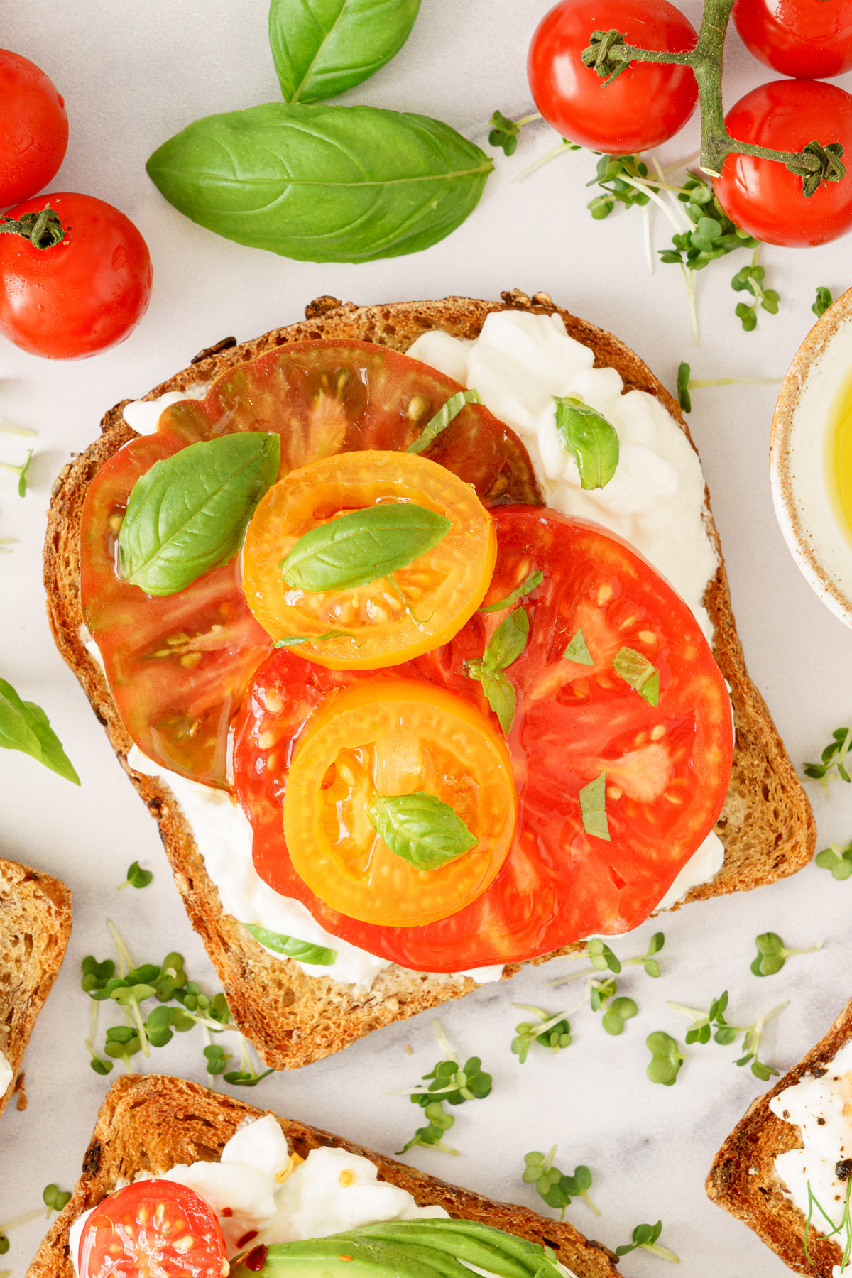 Tomato and basil variation of cottage cheese toast.