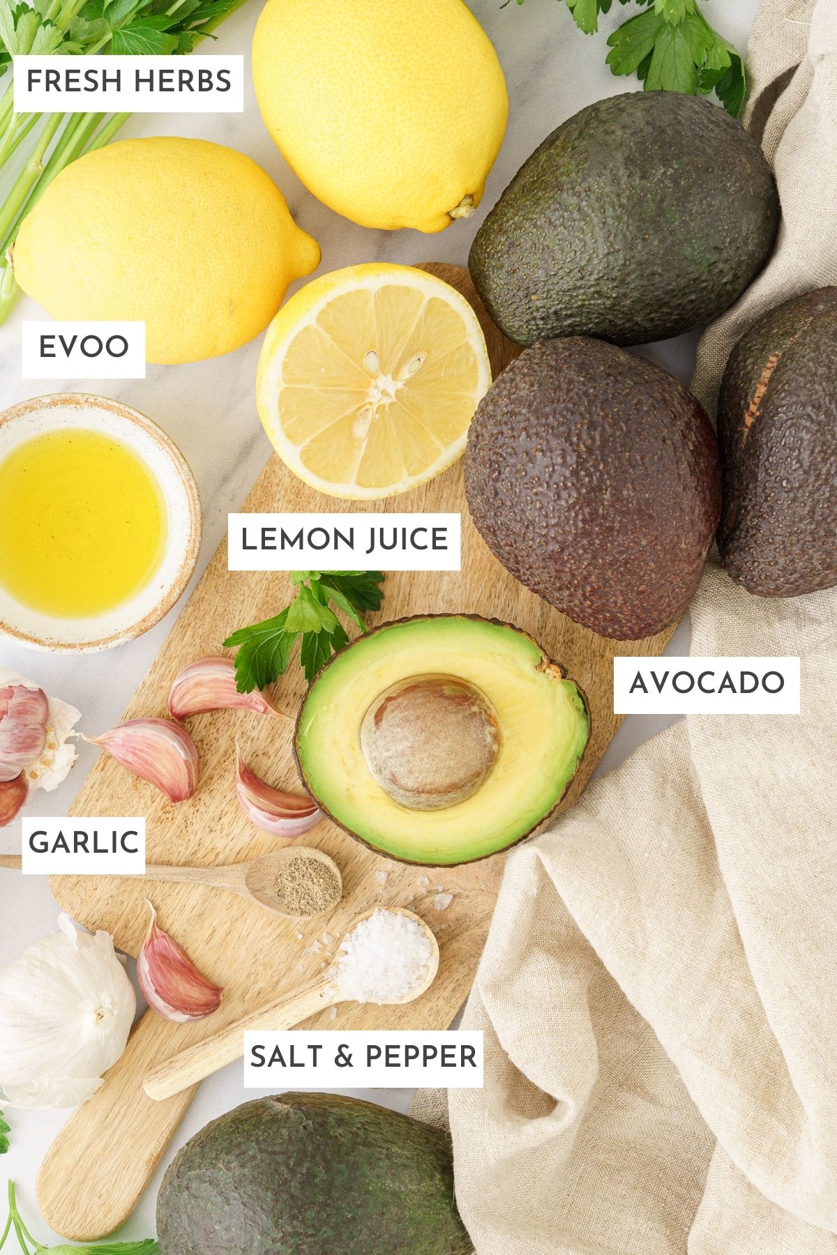 Ingredients for avocado spread, including avocados, salt, pepper, garlic, and lemon.
