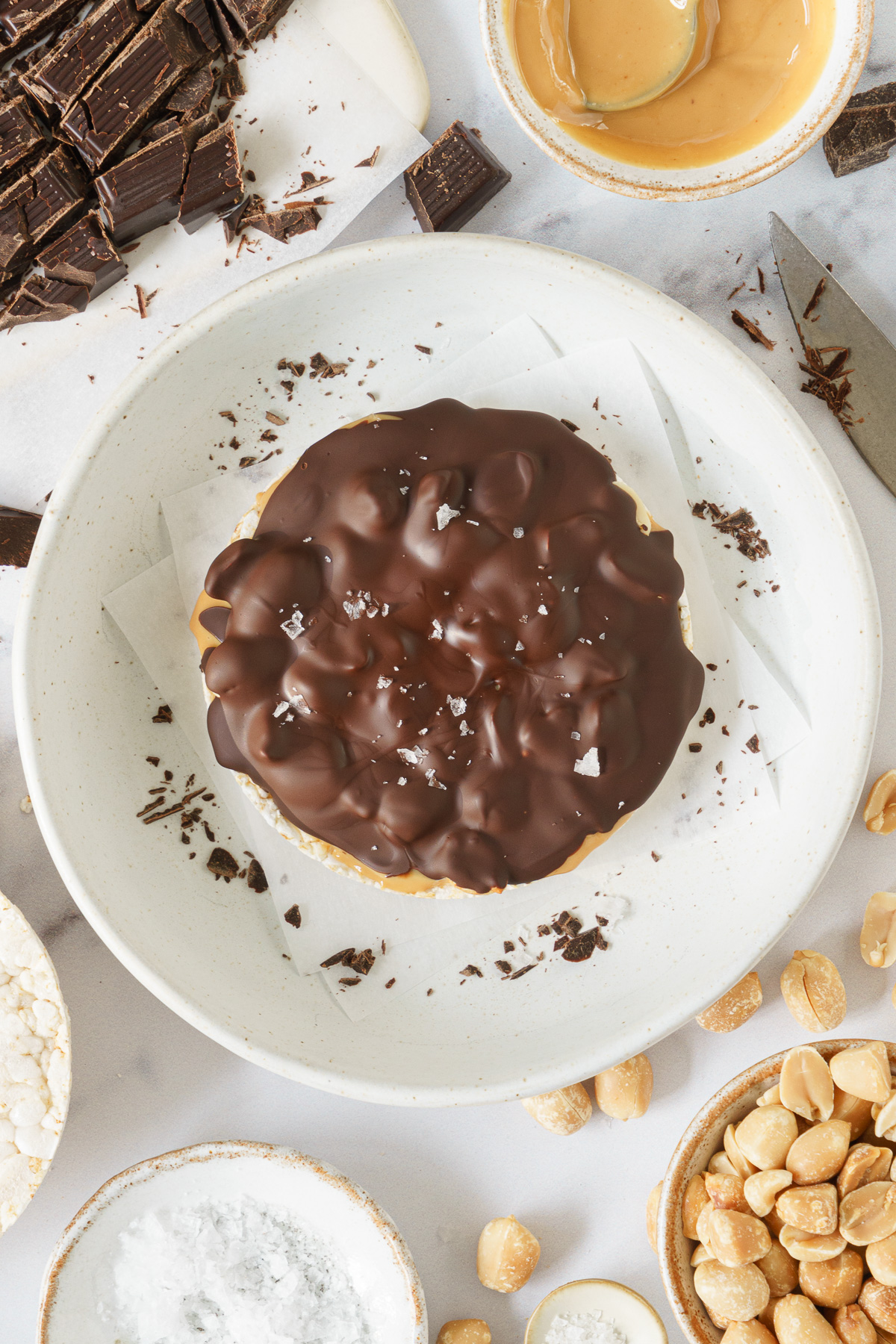 Peanut butter rice cake on a plate ready to be eaten.