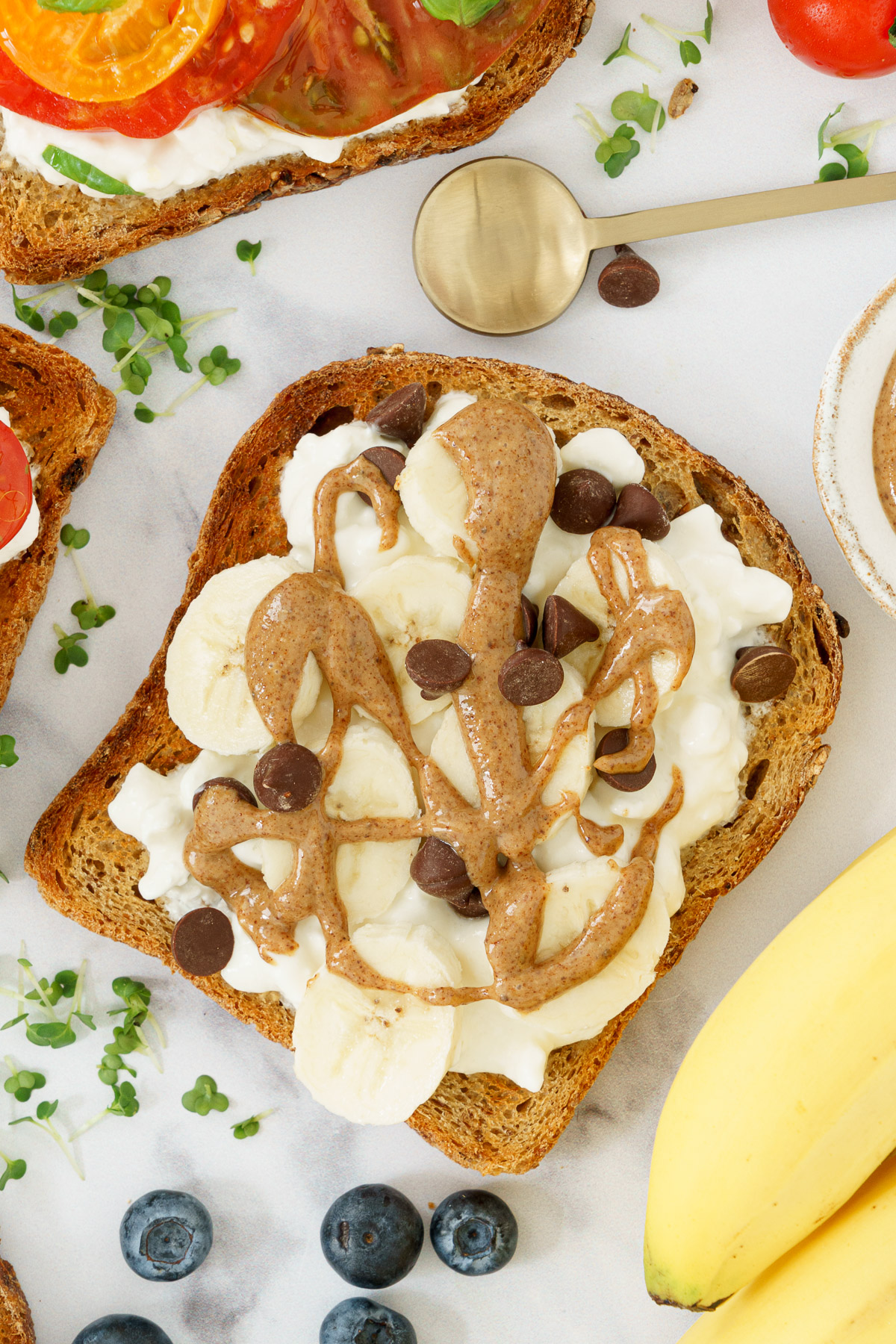 Banana and almond butter variation of cottage cheese toast.