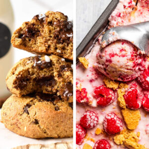 Collage images of cottage cheese cookies and cottage cheese ice cream.