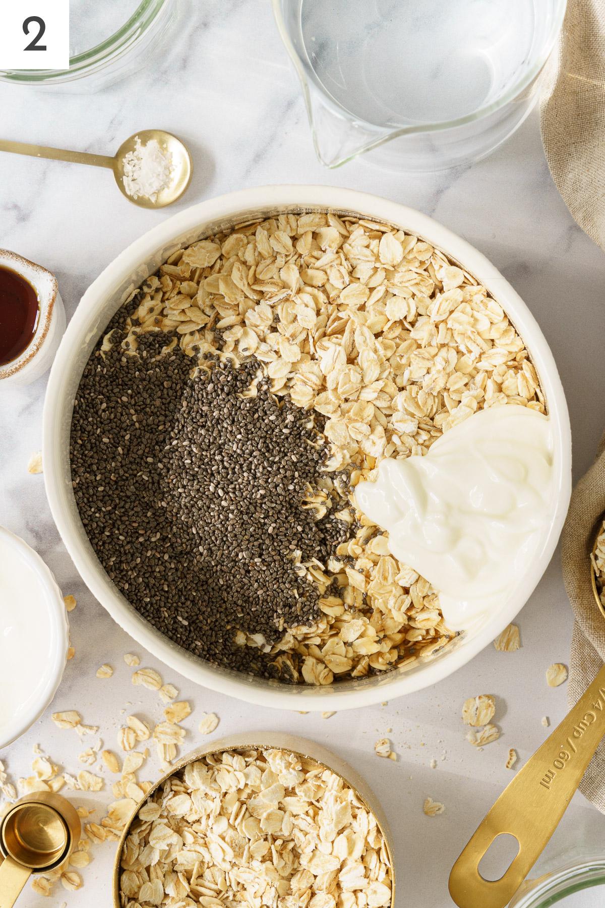 A bowl with rolled oats, chia seeds and yogurt.
