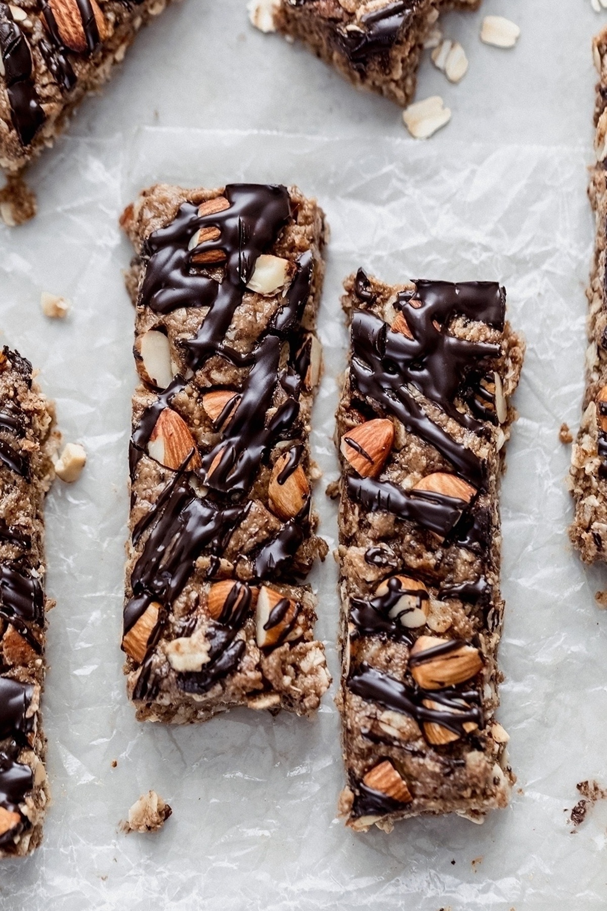 No-bake peanut butter granola bars laid on a baking sheet.