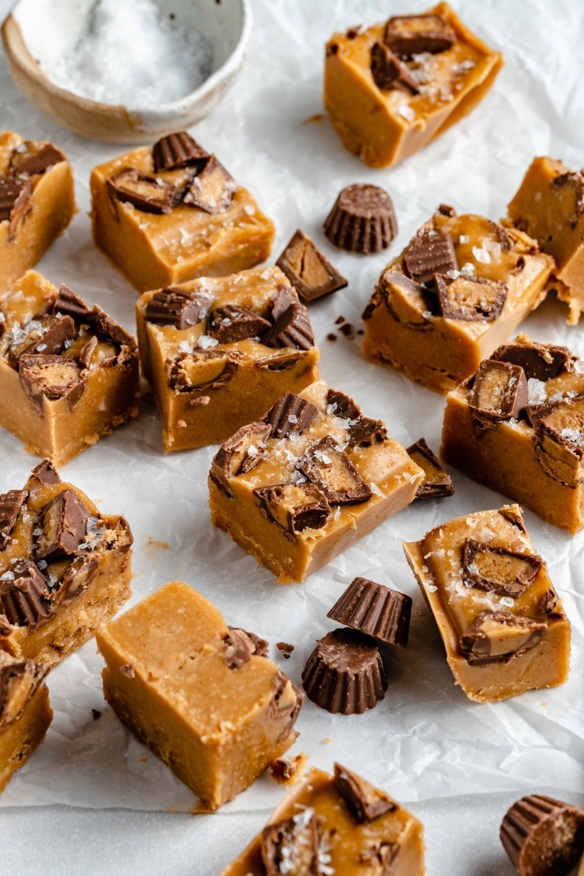 Peanut butter fudge on a baking sheet.