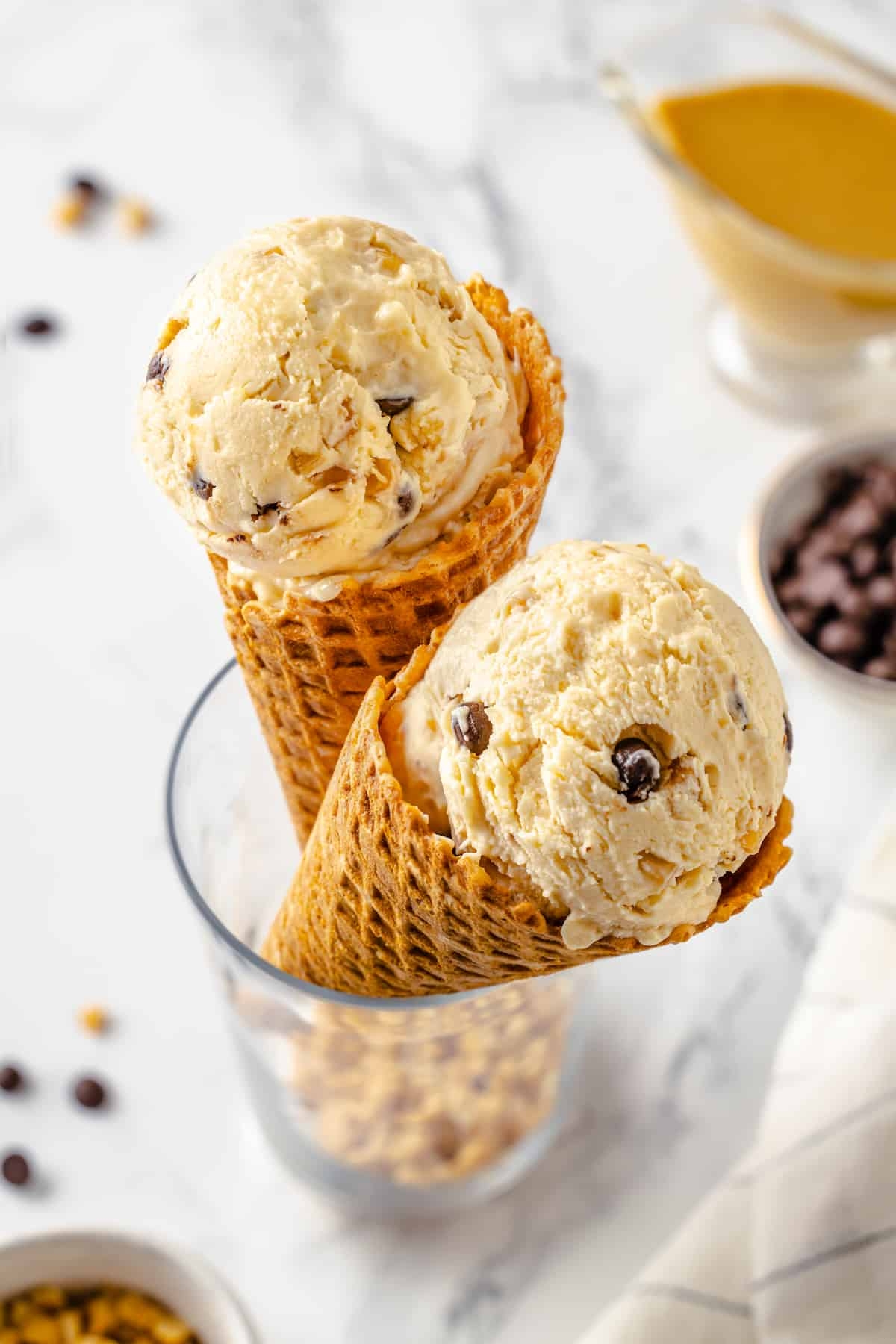 Peanut butter ice cream on a cone.