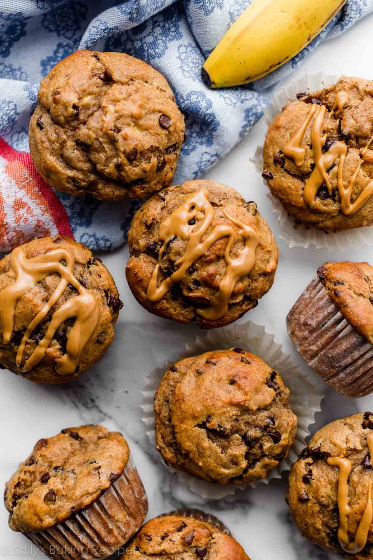 Peanut butter banana muffins laid on the table.