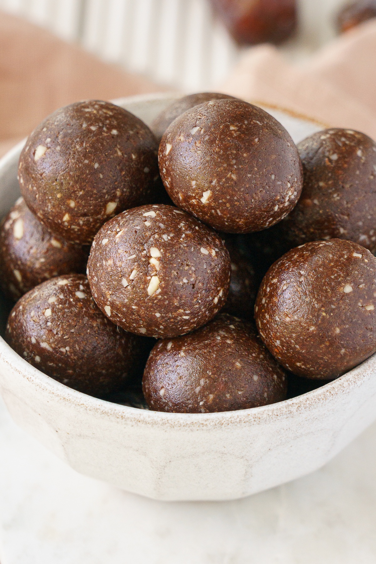 No bake peanut butter balls on a bowl.