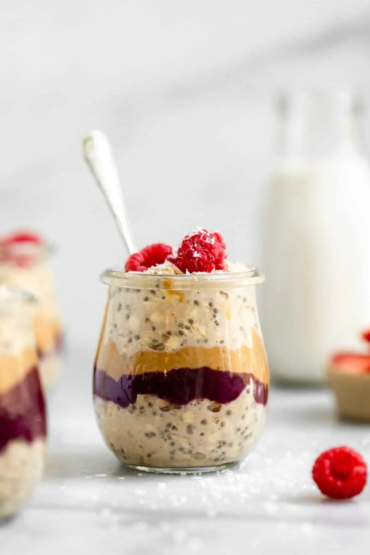 Peanut butter overnight oats on a jar.