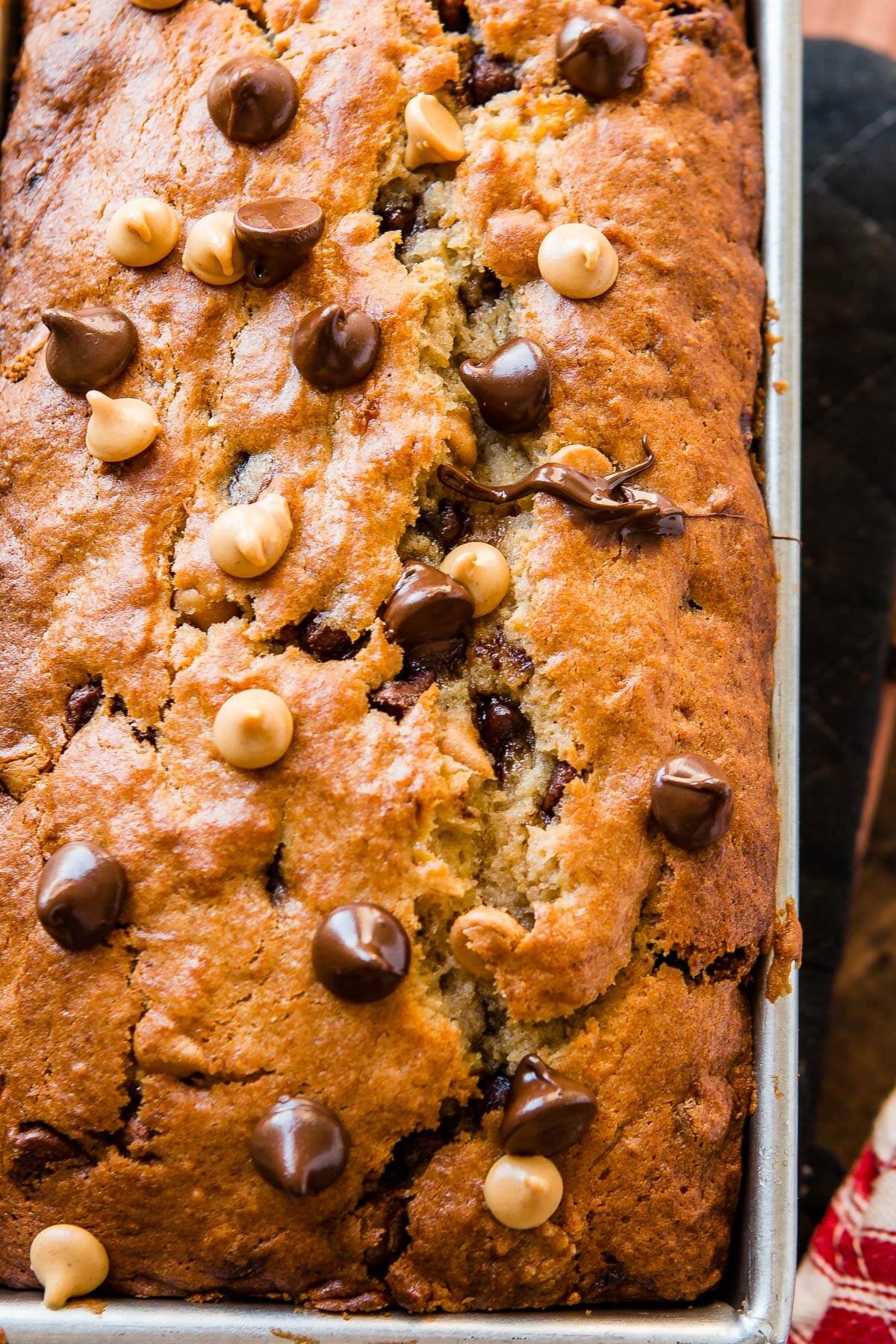 Peanut butter banana bread on a baking tray.
