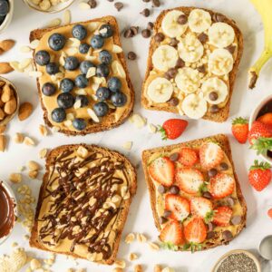 Four peanut butter toast variations.