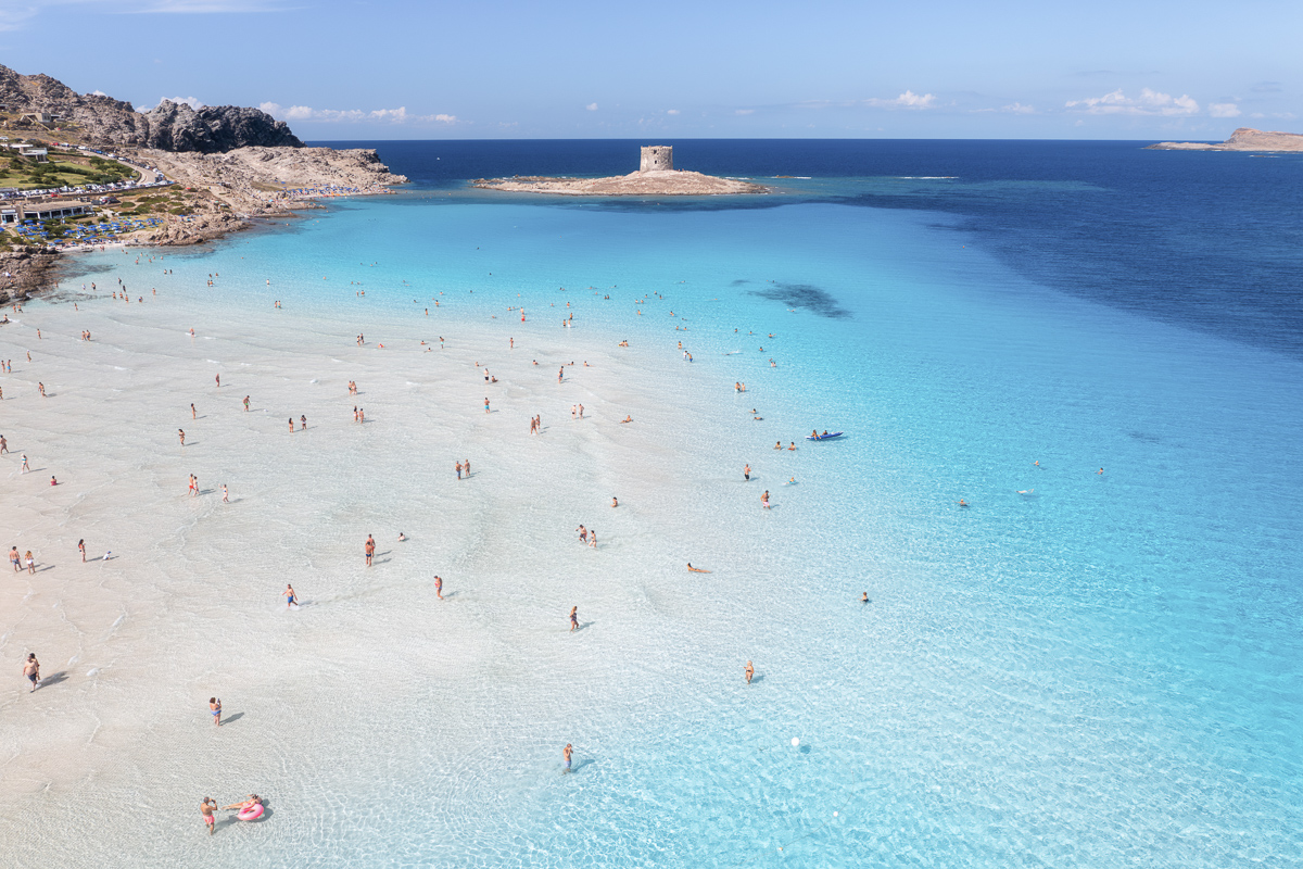 Aerial view of famous La Pelosa beach at sunny summer day. 