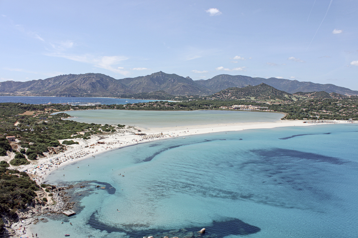 Aerial view of Porto Giunco beach in Sardinia.