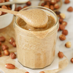 A jar full of homemade hazelnut butter.