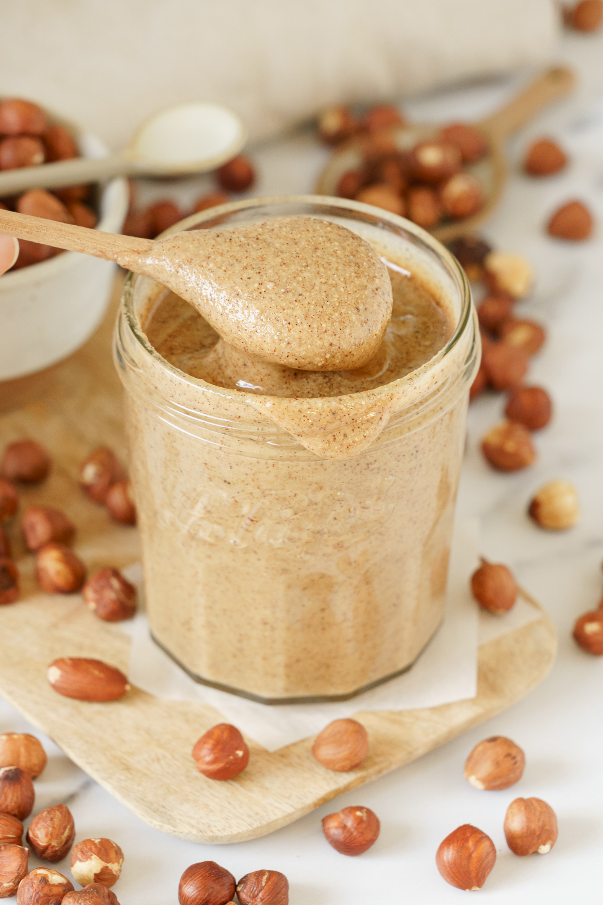A jar full of homemade hazelnut butter.