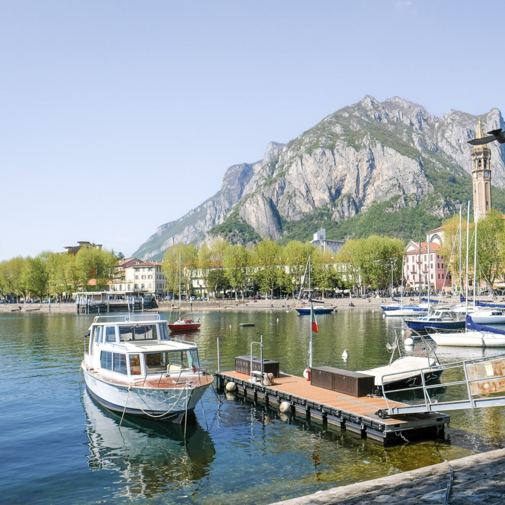 Como Lake and town of Lecco waterfront, Lombardy region of Italy.
